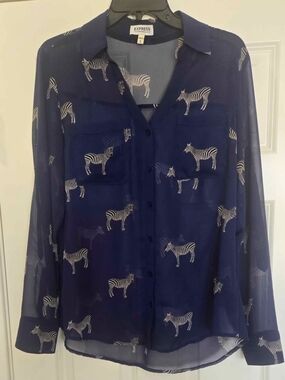 Express Navy Sheer Zebra Print Button-Up Blouse
